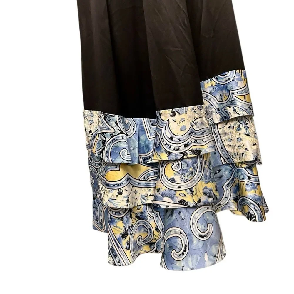 Carlisle Elegant Black Silk Cape Scarf Wrap Blue White Floral Paisley Hem Ruffle